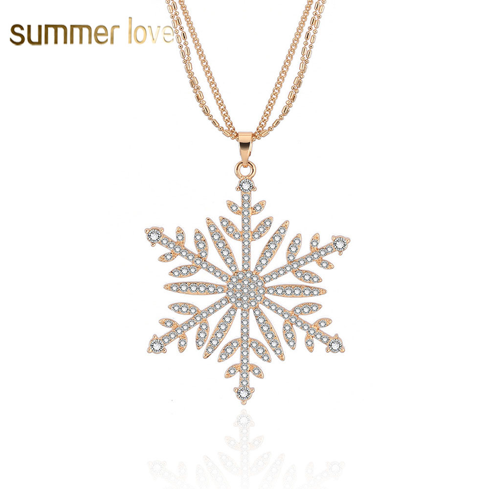 

New Fashion White Crystal Zircon Hollow Snowflake Pendant Necklace For Women Gold Sweater Chain Multilayer Long Necklace Christmas Gifts