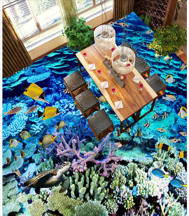 

3d pvc flooring custom photo Waterproof floor wall sticker Deep blue underwater world coral fish school living room 3d wall murals wallpaper, Pictures show