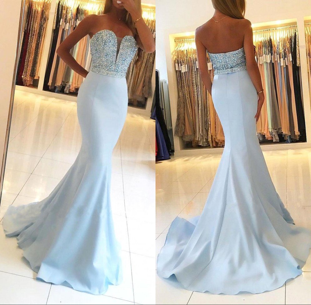 

Sky Blue Mermaid Prom Dresses New Sexy Sweetheart Beadding Crystal Evening Party Gowns Vestidos, White