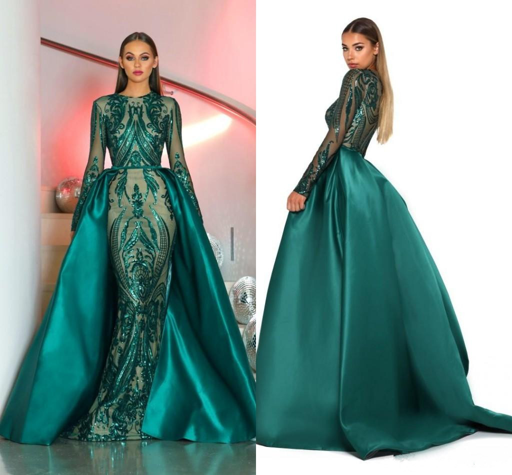 

Saudi Arabia Long Sleeves Mermaid Evening Dresses 2018 Dubai Kaftan Muslim Emerald Green Glitter Sequined Formal Prom Party Gowns, Champagne