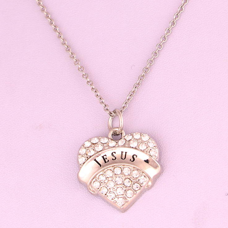 

Letter JESUS Heart Crystal Charm Pendant Necklace Link Chain Rhodium Plated Zinc For Women Men Jewelry Gifts Necklaces, Silver