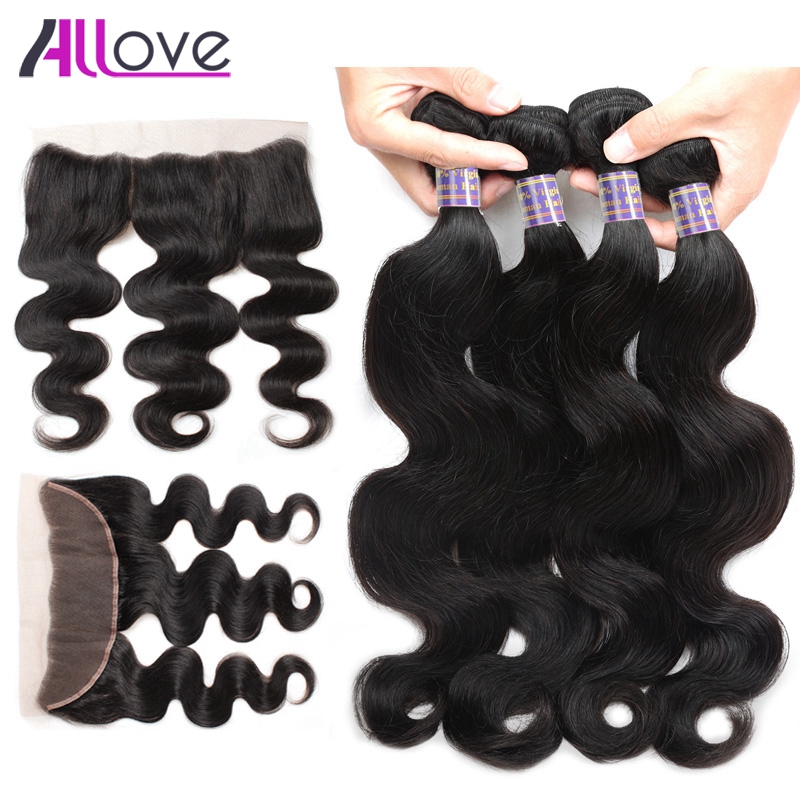 

Allove Wholesale Wefts Extensions 8A Brazilian Body Wave With 13x4 Lace Frontal Closure 4pcs Virgin Human Hair Bundles Weaves for Women All Ages Jet Black 8-28 inch, Natural color