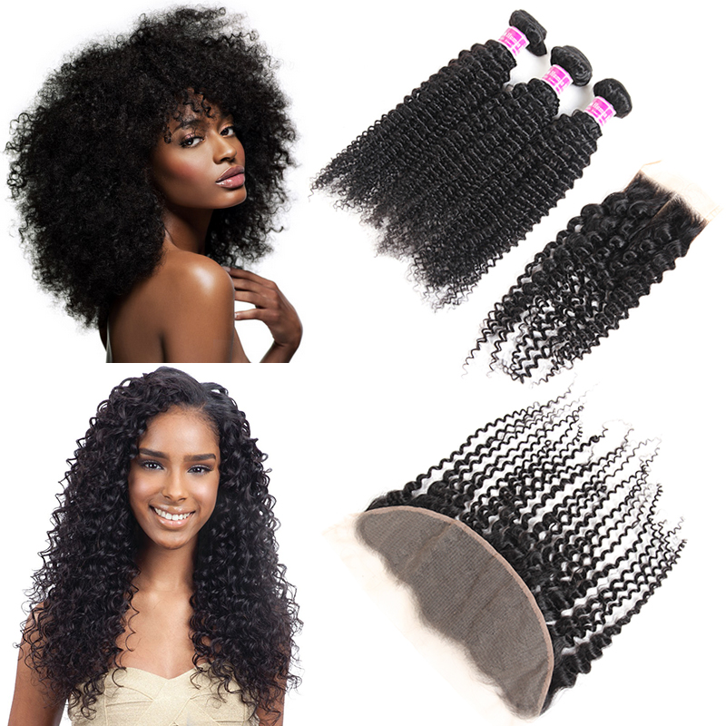 

8A Grade Brazilian Virgin Hair Kinky Curly 3 Bundles With Lace Closure Frontal Hot Selling Peruvian Malaysian Human Hair Extensions Wefts