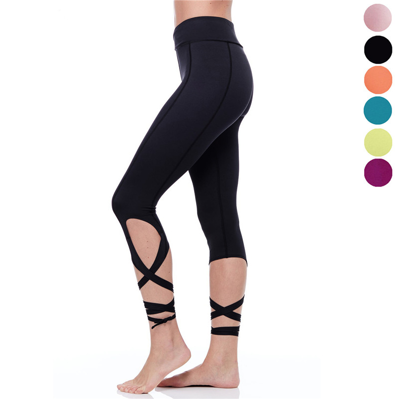

HUTOBI Women Ballerina Pants Fitness Criss Cross Leggings High Waist Ballet Dance Slim Bandage Cropped Workout Pants, Black