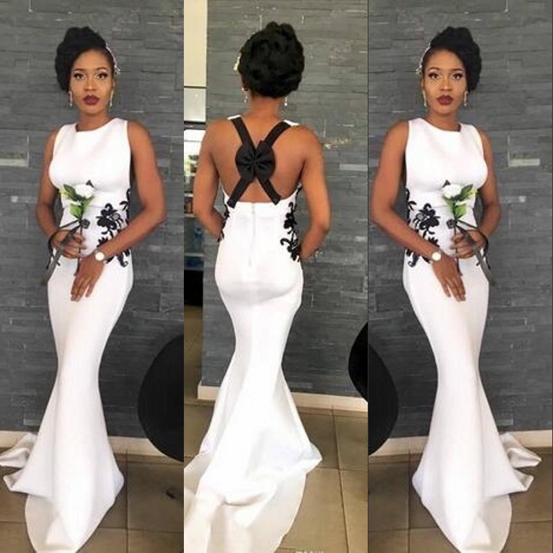 

Fashion Sleeveless Mermaid Bridesmaids Dresses Jewel Neck Lace Applique Zipper Backless Sweep Train Prom Dresses Graceful Satin Party Dress