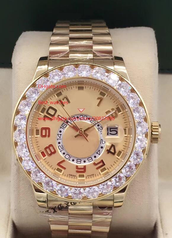 

Luxury High Quality Watch 44mm Golden dial Sky-Dweller Date GMT Working Big Diamond Bezel Mechanical Automatic Mens Watches, Slivery;brown