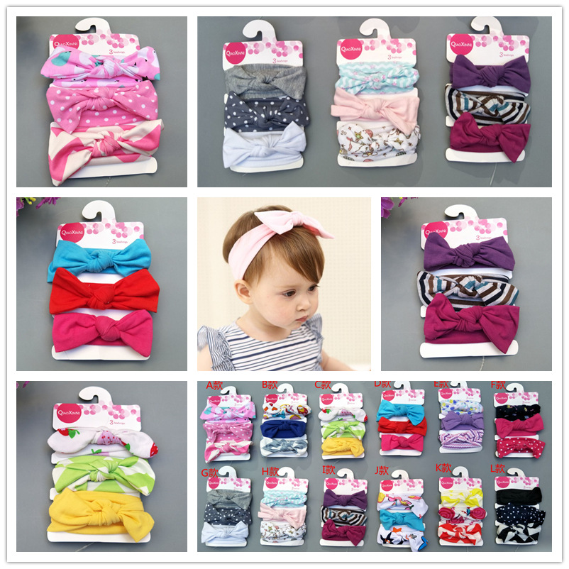 

New 3Pcs/Set Cute Baby Rabbit Ear Kids Girls Headband Bowknot Flower Headwear Hairband Hair Band Accessories, 1 lot = 1set = 3pcs