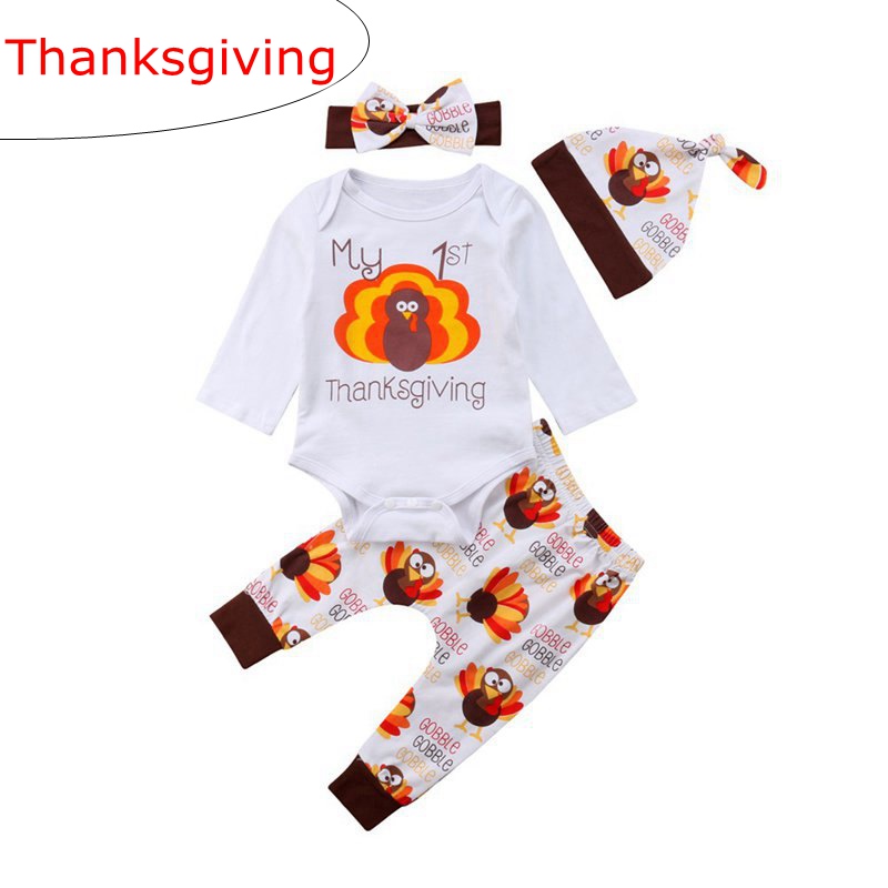 Ins 4pcs Set mon 1er Thanksgiving Baby Baby Baby garçons filles à manches longues coton coton tops + pantalon long pantalon + bandeau + chapeau t