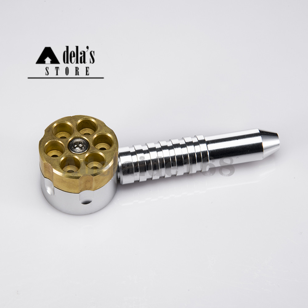 

Revolver Six Shooter Pipe With Herb Grinder Metal Smoking 4.6 Inch Aluminum Brass Six Bullet Rotary Pipes Tool Tobacco Oil Bowl 036