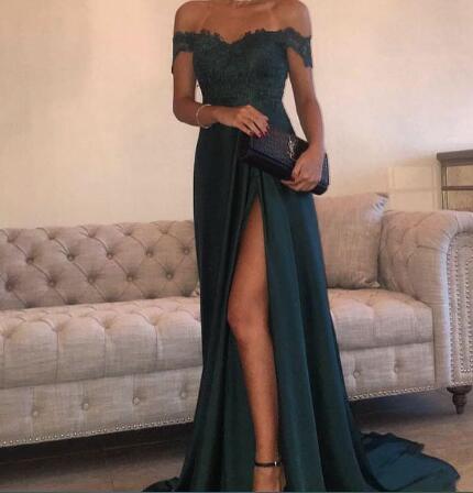 

Dresses Evening Gowns A-Line Hunter Green Chiffon High Split Cutout Side Slit Lace Top Sexy Off Shoulder Hot Formal Party, Same with picture