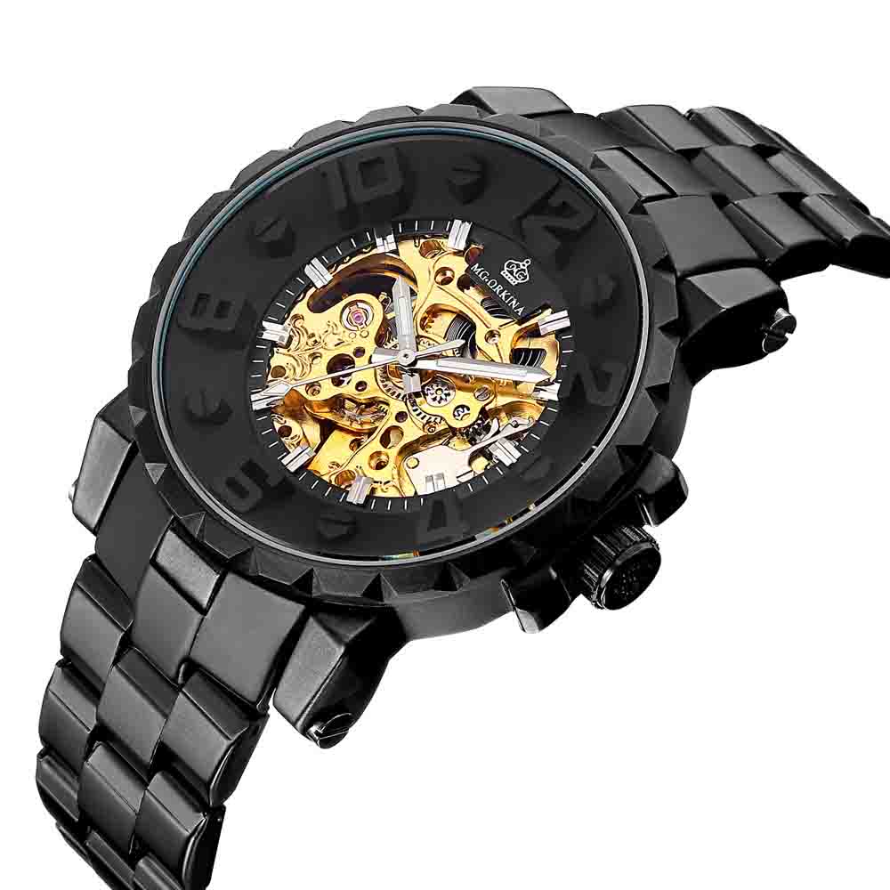 

wengle New ORKINA full black Stainless steel Hollow Automatic Cool Through bottom Luxury gift dress Mechanical watches