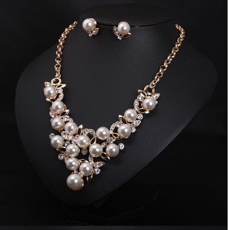 Womens Party Wedding Jewellery Sets Elegant Silver/ Gold Plated Faux Pearl Crystal Collar Necklace Earrings Set