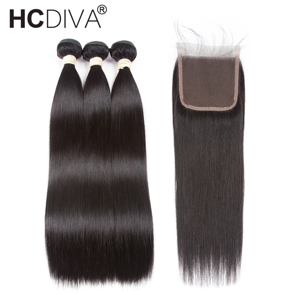 

Pre-Colored Peruvian Straight Hair With Closure Remy Human Hair Weaves 3 Bundles With Closure Natural Black Color HCDIVA Hair, Three part