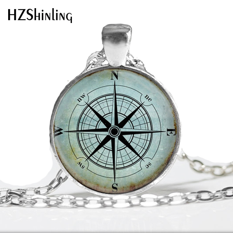 Family Decor Compass Rose Nautical Windrose Pendant Necklace Cabochon Glass Vintage Bronze Chain Necklace Jewelry Handmade