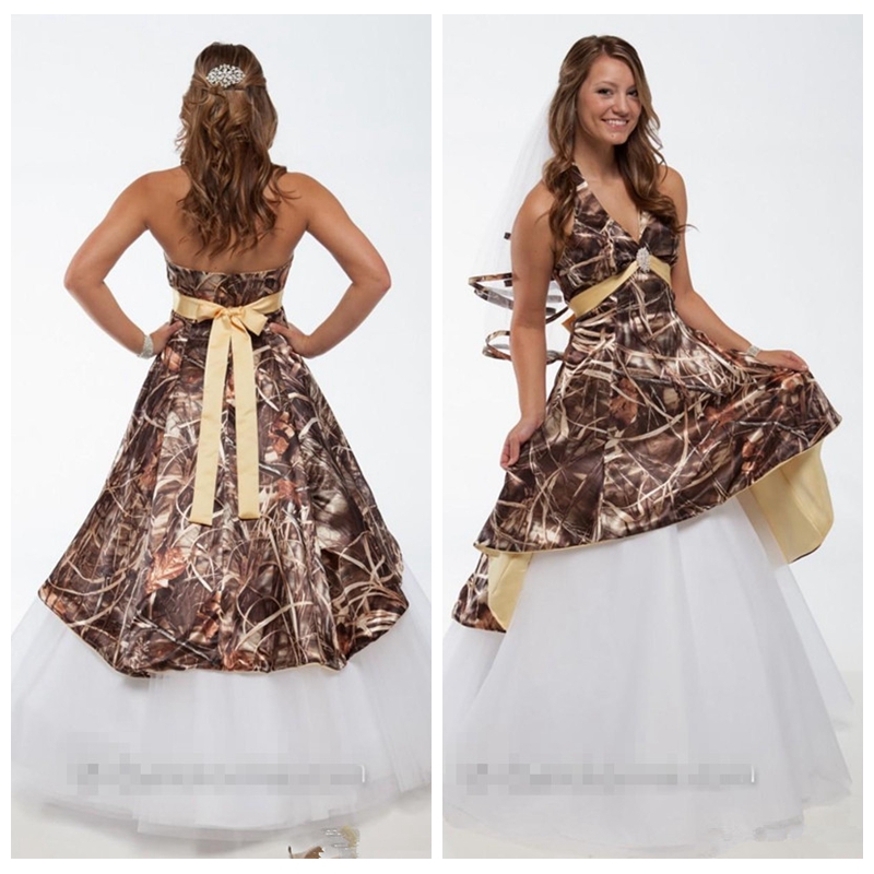 

Custom Halter Bulrush Reed Camo A-Line Wedding Dresses With Detachable Train Camouflage Bridal Gowns Real Tree Country European Fashion, Gold