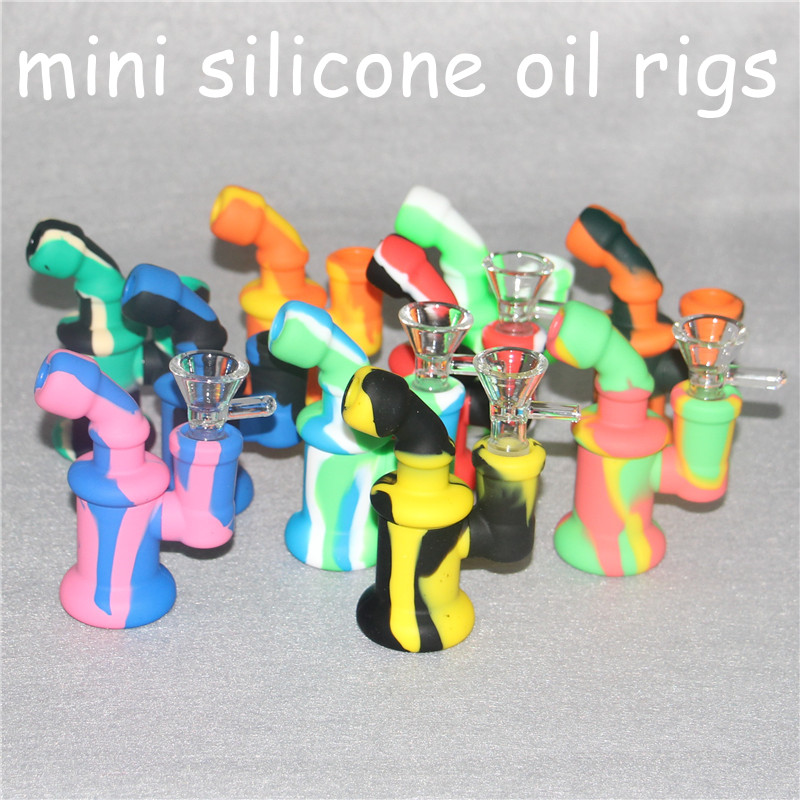 

Silicone Bong Mini Silicone Dab Rig Water Pipes Bong 3.85 inch Bubbler Camo Oil Rig Detachable Unbreakable Percolator Hookah with Glass Bowl