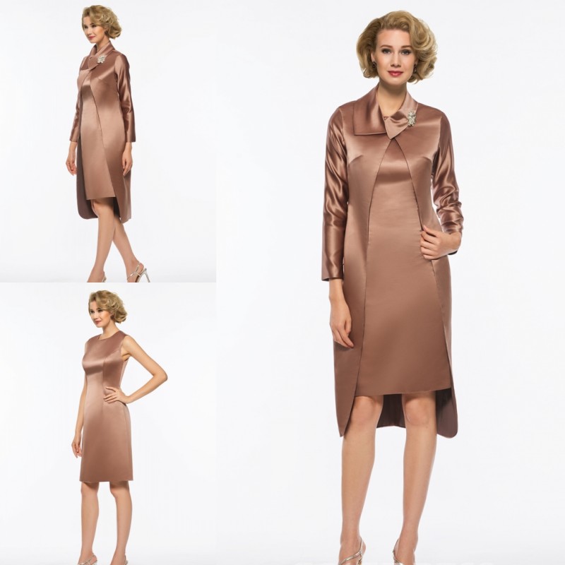 

Mother Of The Bride Dresses With Jacket Brown Color Knee Length Long Sleeve Mother's Gown For Wedding Elegant Dress Party Evening Wear