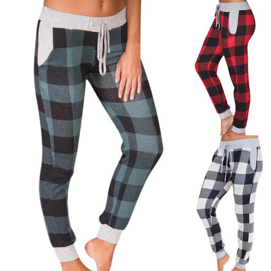 

Plaid Long Pants Drawstring Sports Slacks Trousers Sweatpants Women Casual Jogger Dance Harem Sport Pants 3 Colors OOA4144, White