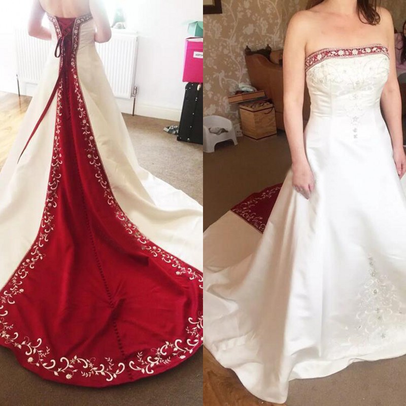 

2016 Vintage Red And White Satin Embroidery Wedding Dresses Strapless A Line Lace Up Court Train Spring Fall Bridal Gowns Vestidos Plus Size, Champagne