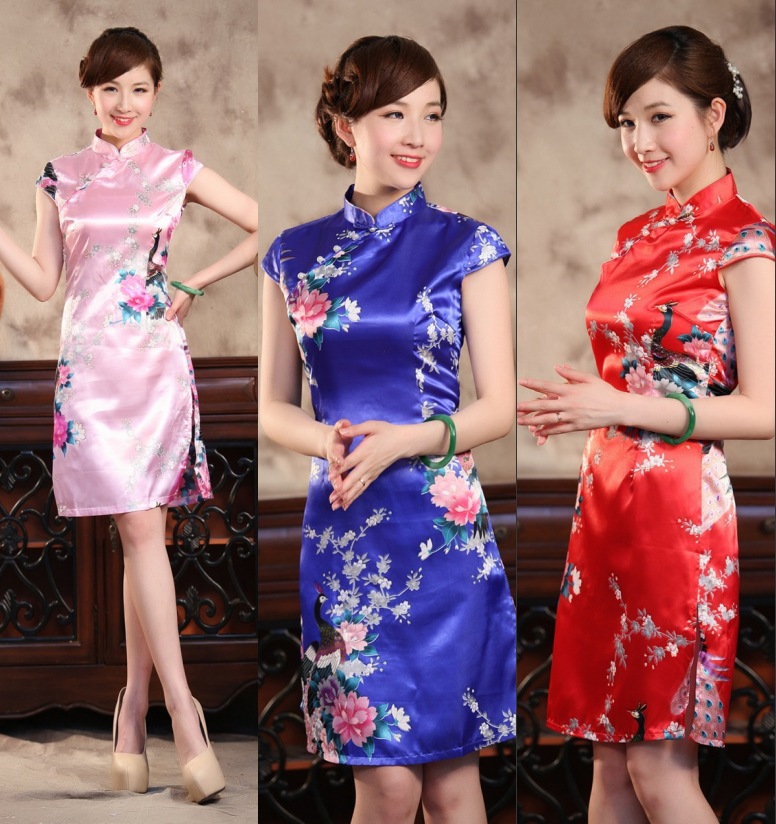 

Promotional Retro Chinese Cheongsam Short Silk Like Satin High Neck Sleeveless Knee Length QiPao Cheap Printed Party Dresses Bodycon, Pink