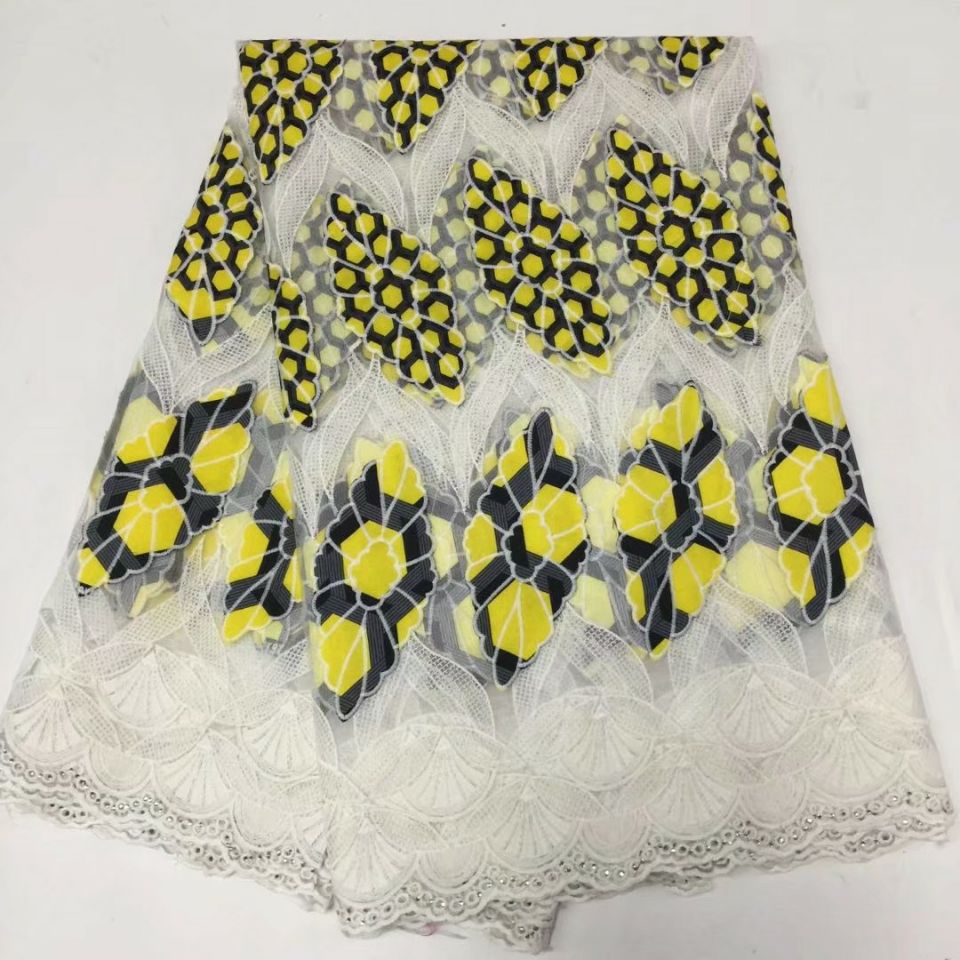 5Yards/pc Wonderful yellow style african milk silk lace embroidery and purple cotton fabric for dress BM3-4-image-409327043