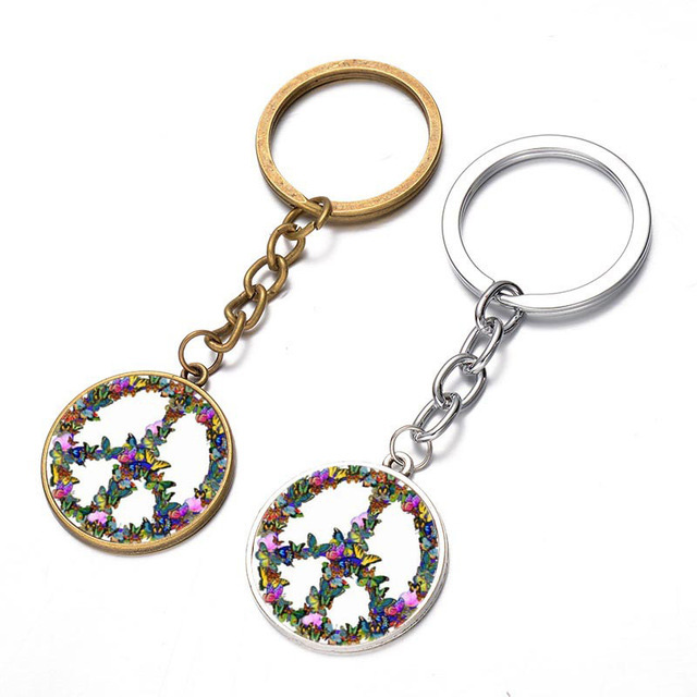 Novelty Butterfly Combination Peace Sign Keychain DIY Hippie Peace Bus Sign Glass Cabochon Pendant Charm Key Ring-image-421150268