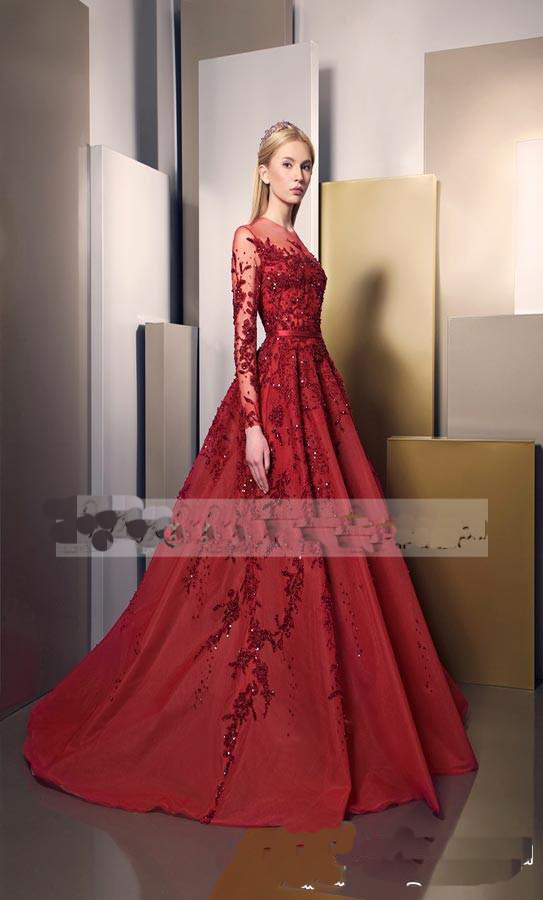 

2019 Ziad Nakad Sheer Crew Neck Formal Evening Dresses Appliques Beaded Long Sleeve Long Prom Occasion Dresses Girls Pageant Gown, Black