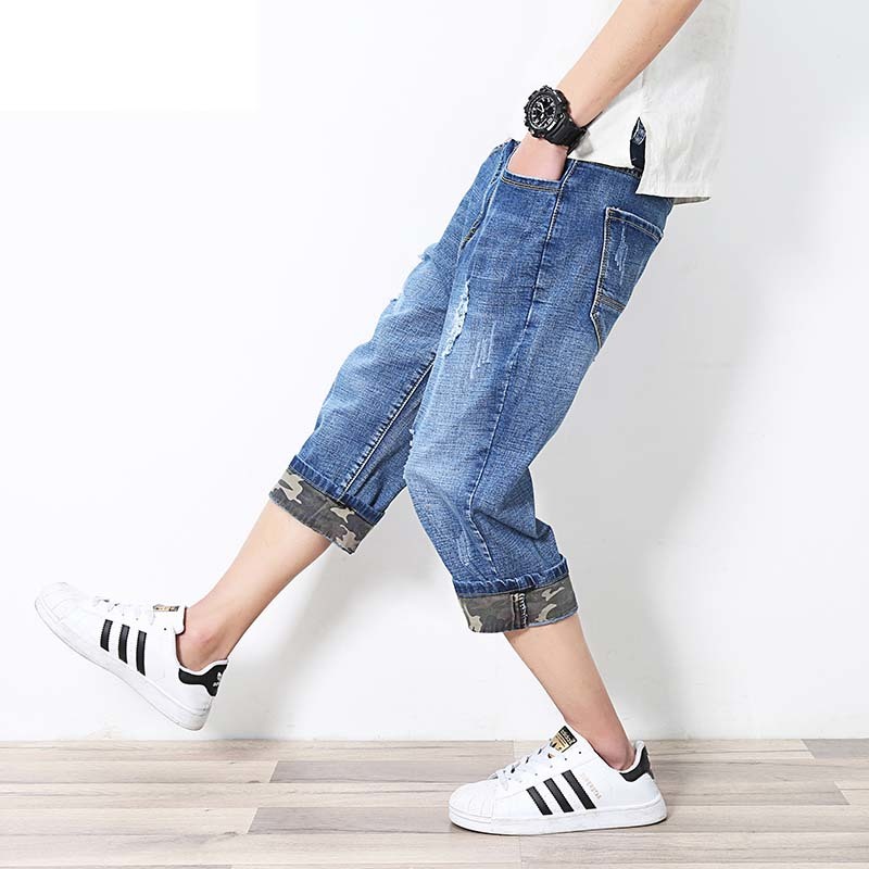 

Summer New Fashion Men Jeans 3/4 Length Denim Shorts Pants Harem Hip Hop Elastic Ripped Trousers Plus Size -6XL, Blue