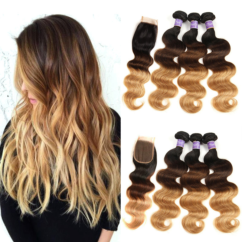 

Ombre Human Hair 3 Bundles With Lace Closure Brazilian Peruvian Malaysian Indian Body Wave Three Tone Brown Blonde 1B/4/27# Hair Weaves, Ombre color 1b/4/27