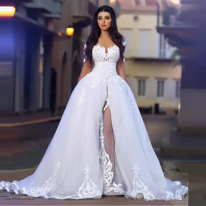 

2018 Gorgeous Wedding Dresses Arabic Lace Appliques Illusion Long Sleeves Bridal Gowns Front Split Tulle Sweep Train Wedding Dress, Champagne