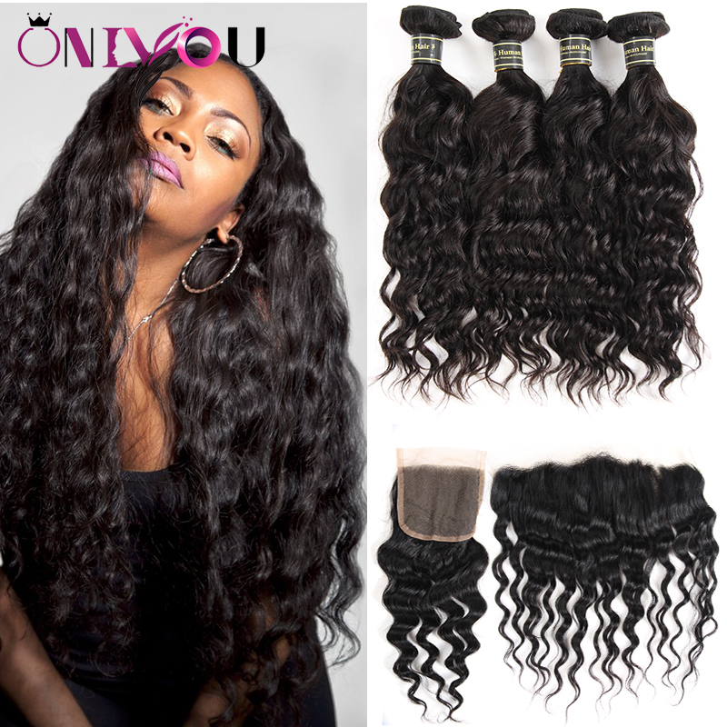 

Onlyou Unprocessed Brazilian Virgin Human Hair Bundles with Closure Water Wave Weave with Frontal Ear to Ear Remy Human Hair Vendors