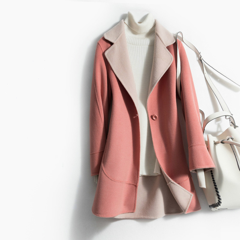 

KMETRAM Wool Coat Women Long W Coats And Jackets Women Single Breasted Slim Vintage Flare Sleeve Casacos Femininos MY155, Pink