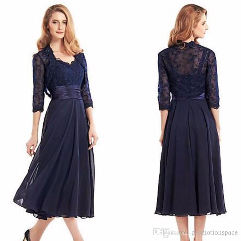 

Navy Blue Tea Length Mother Of The Bride Dresses with Jacket 2019 Three Quarter Sleeve Chiffon Mother Formal Evening Dress Long