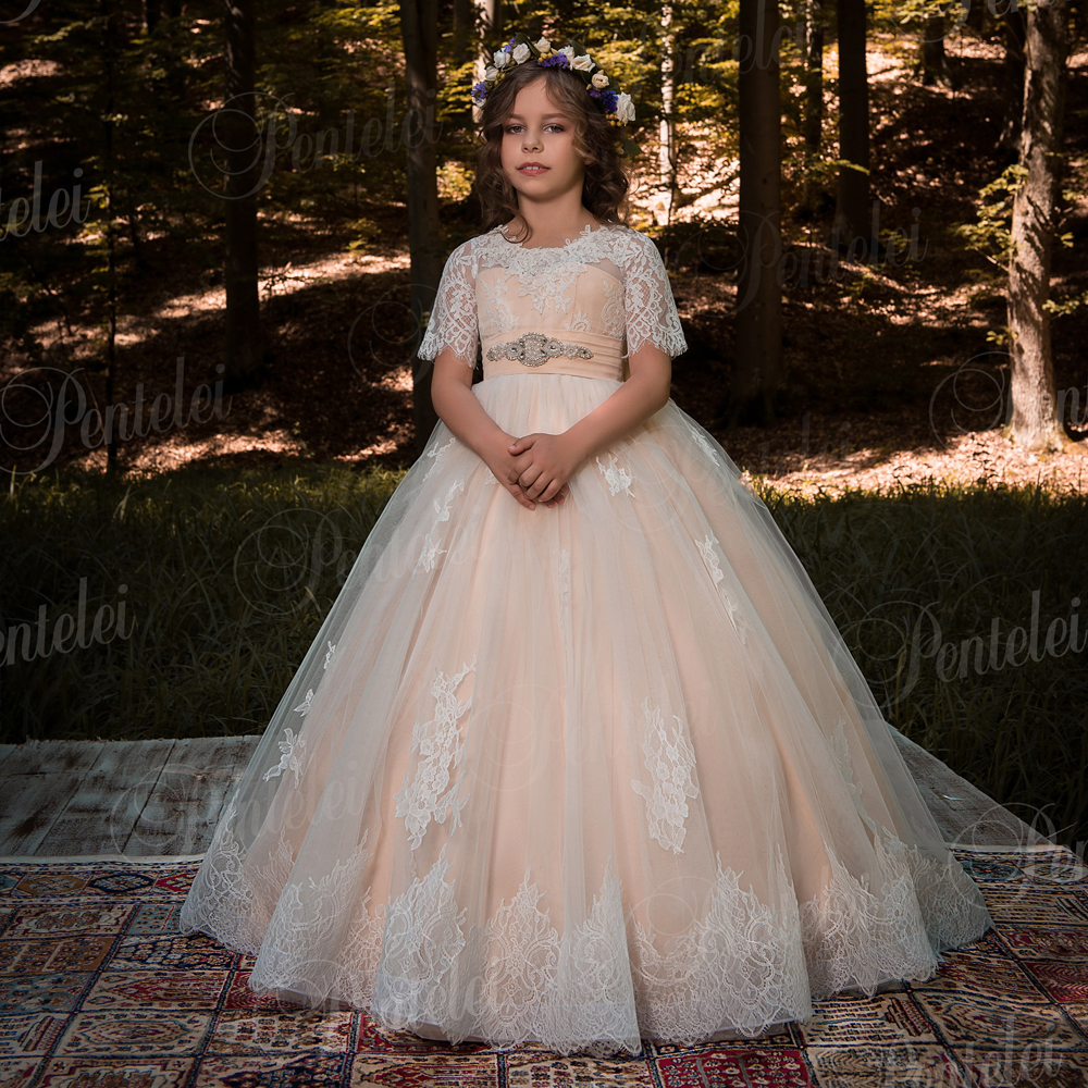 

New Lovely Blush New Tulle Handmade Bow Half Sleeves Flower Girls' Dresses Girl's Pageant Dresses See Through Back 2123, Blue