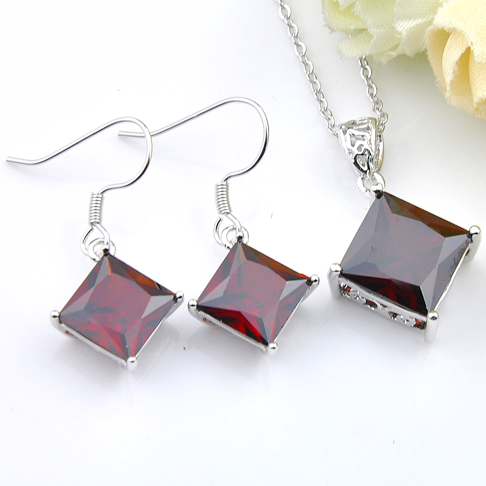 

LuckyShine 2Pcs/Set Earrings Pendants Sets Square Topaz Garnet Onyx Gems 925 Necklaces Jewelry Party Holiday Jewelry For Women 3 Color