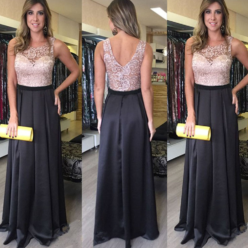 

Long Formal A-line Wedding Guest Dress Sheer Scoop Neck Sleeveless Lace Top Sheer Open Back Two Colors Bridesmaid Dresses Custom Made Cheap
