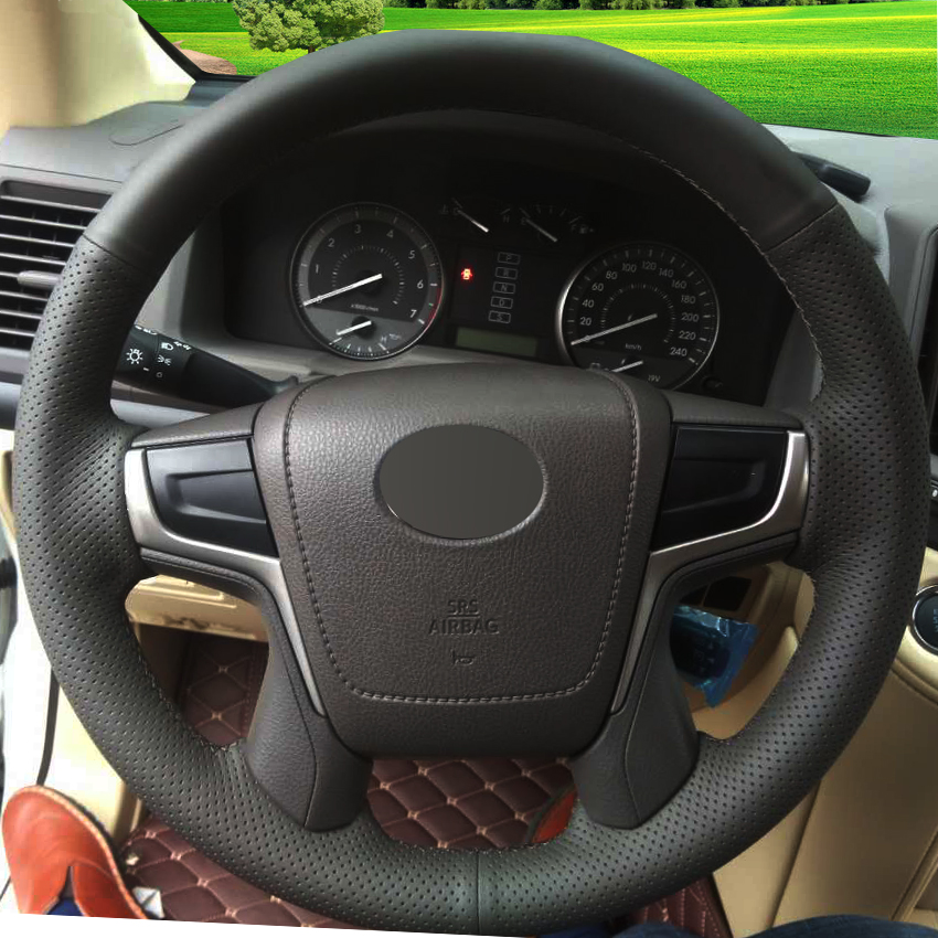 Black Leather Hand-stitched Car Steering Wheel Cover for Toyota Land Cruiser 2016-image-429709438