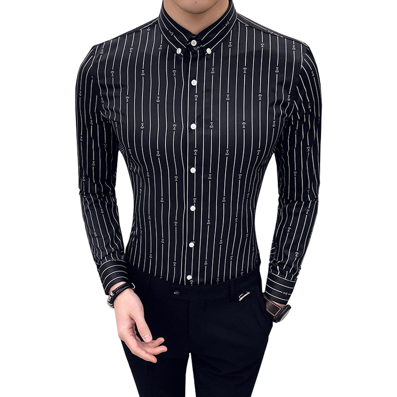 

Summer Shirt Long Sleeve Men Striped Slim Fit Blouse Business Wedding Party Dress Shirts Chemise Homme camisa masculina, Black