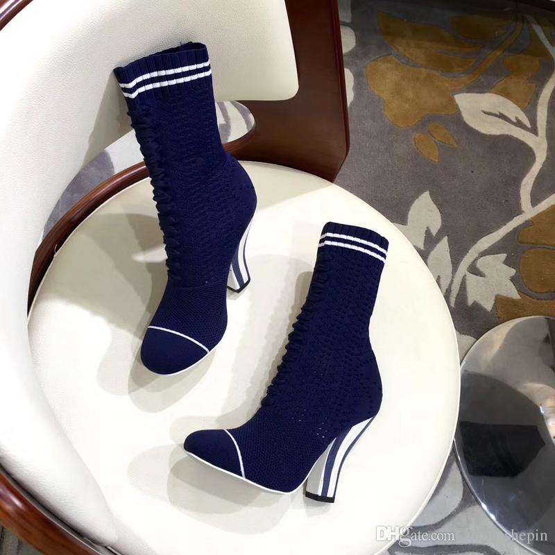 

2018 Designer shoes 10CM high heel knit socks boots fashion brand boots fashion luxury designer women's boot winter boots size 35-40, Blue