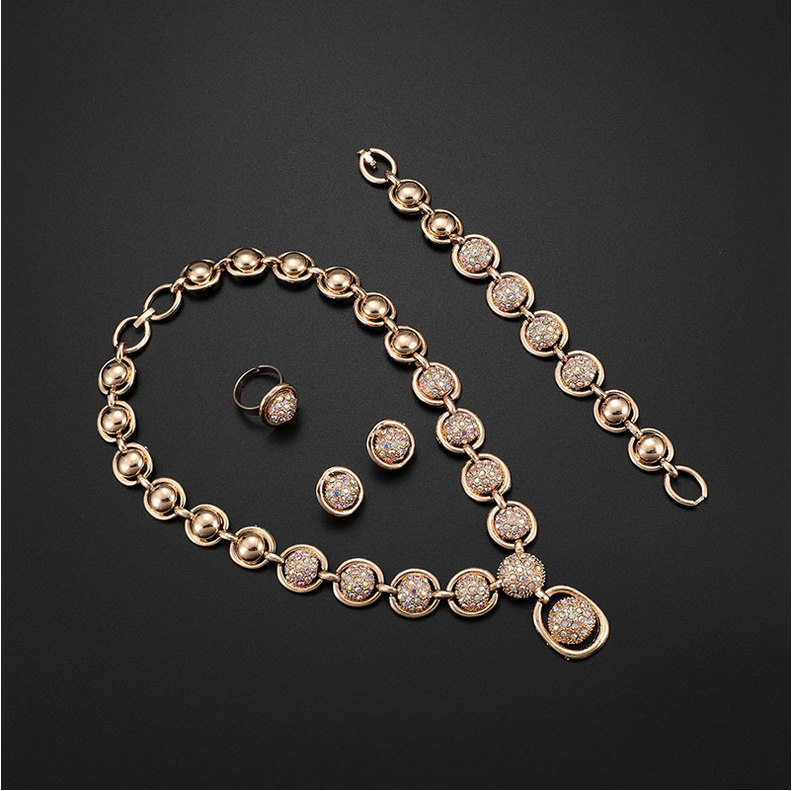 

Wedding Jewelry Set Luxury Exaggerated Rhinestone 18K Gold Plated Alloy Circles Necklace Earrings Bracelet Ring 4-Piece Set