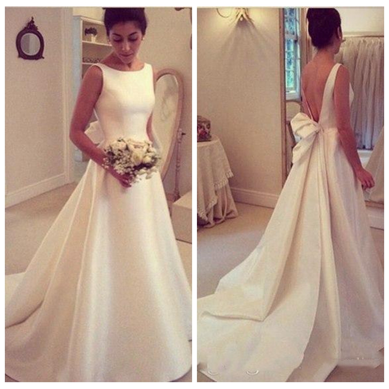 

2018 Scoop Neck Sexy V-Shape Backless A Line Wedding Dresses Bridal Gowns Vintage Backless Custom Sleeveless Plus Size, Gold