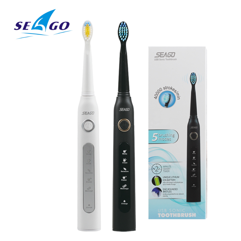 Seago Sonic Electrical Toothbrush Brush USB Rechargeable SG-507 Adults With 3pcs Replacement head 5 Modes Waterproof Black White C18111501-image-433710950