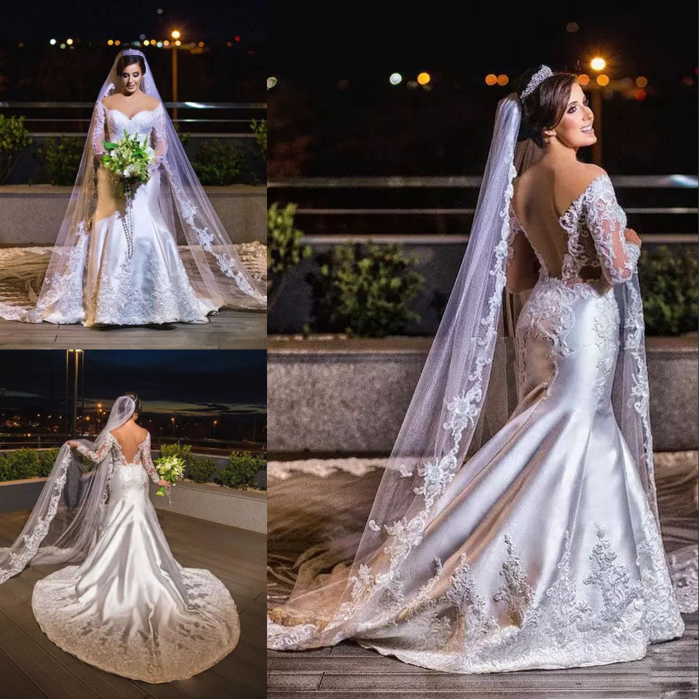 

Vintage Mermaid Princess Wedding Dresses Off The Shoulder Lace Applique Long Sleeves Royal Bridal Dress Graceful Satin African Wedding Dress, Silver