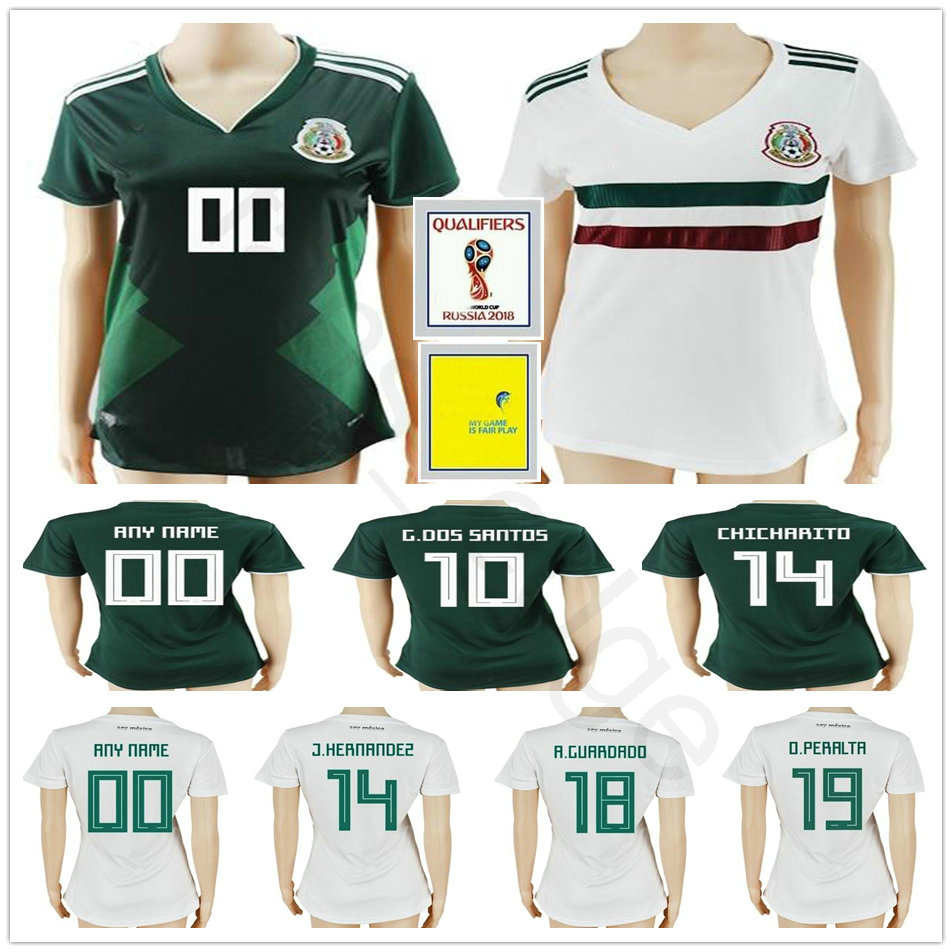 

2018 Women Mexico Soccer Jerseys Home Away 10 G.DOS SANTOS 14 CHICHARITO 18 GUARDADO 19 PERALTA 22 AGUILAR Ladies Girls Football Shirts, Green women size only s-xl