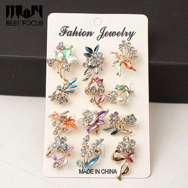 

Flower Pins and Brooches for Women Drip Crystal Flower Brooches Pins Wedding Party Hijab Pins 12pcs/lot Bridal Pin Jewelry