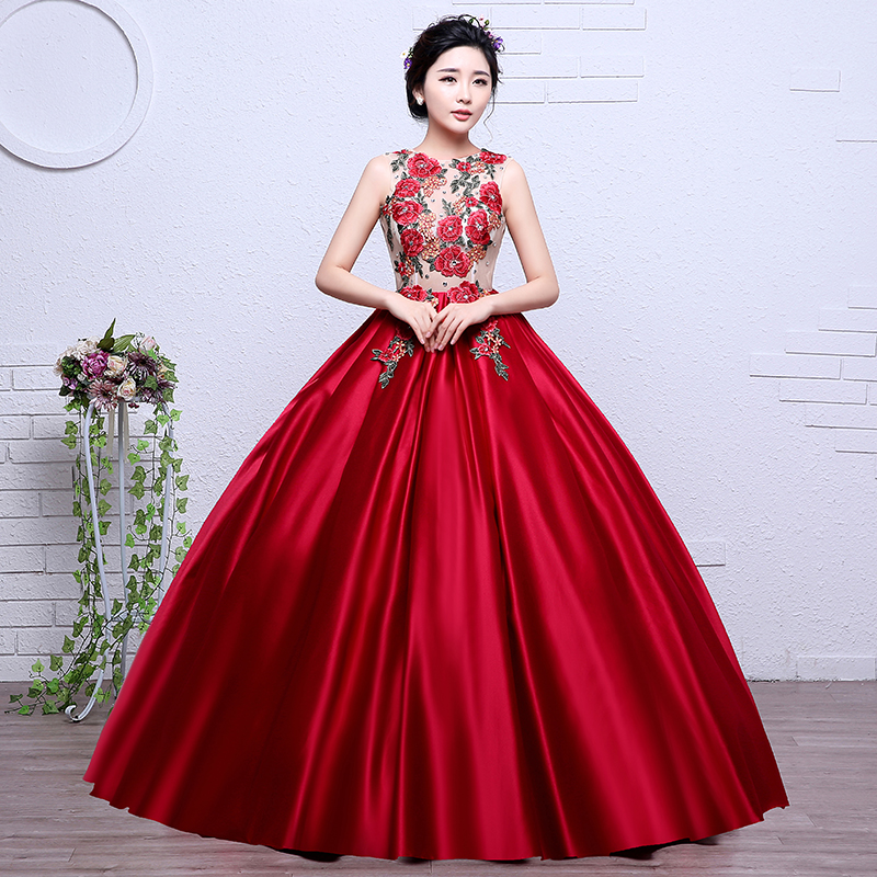 

Colorful Organza Hot Sale New Style Red Embroidery Girls Wedding Dress 2018 O-neck Bridal Boat Gown Vestidos De Novia