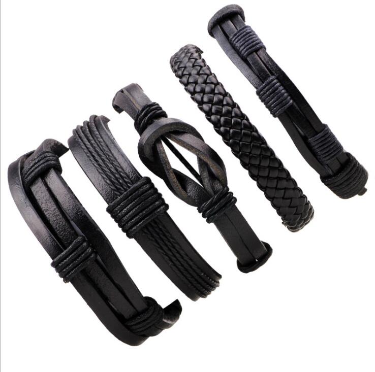 

Fashion 5PCS Handmade Vintage Wristband Leather Rope Bracelet Tribal Braided Cuff Adjustable Bangle Black free shipping