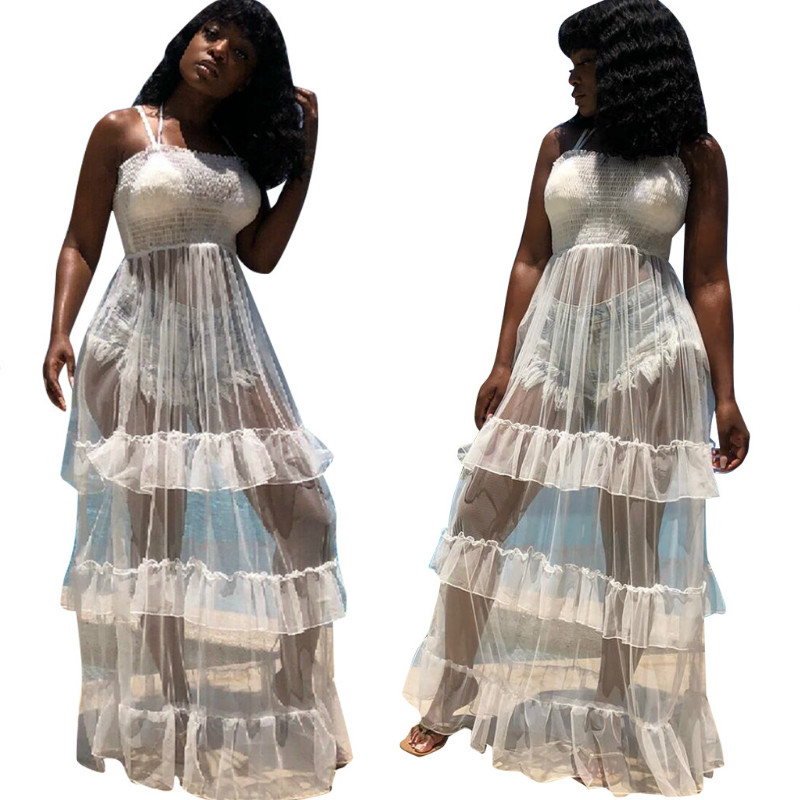 Sexy vêtements pour femmes maille robe de plage sans manches maille club robe de soirée à volants bustier barboteuse maxi robe longue robe longue