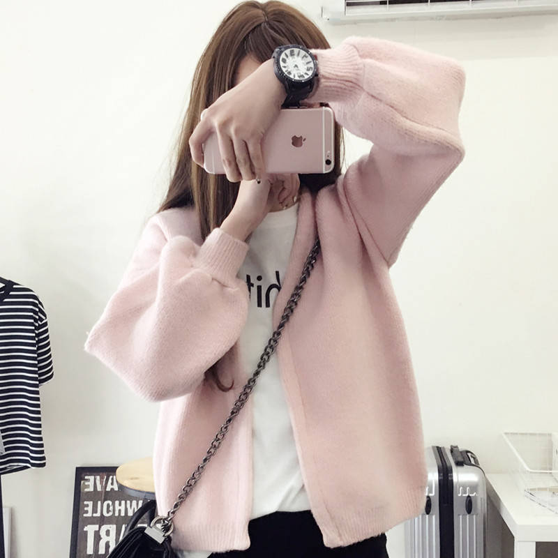 

2018 Vintage Knitted Women Sweater Fashion Korean Autumn Women Cardigans Puff Sleeve Pink Gray Black Women Sweaters, White;black