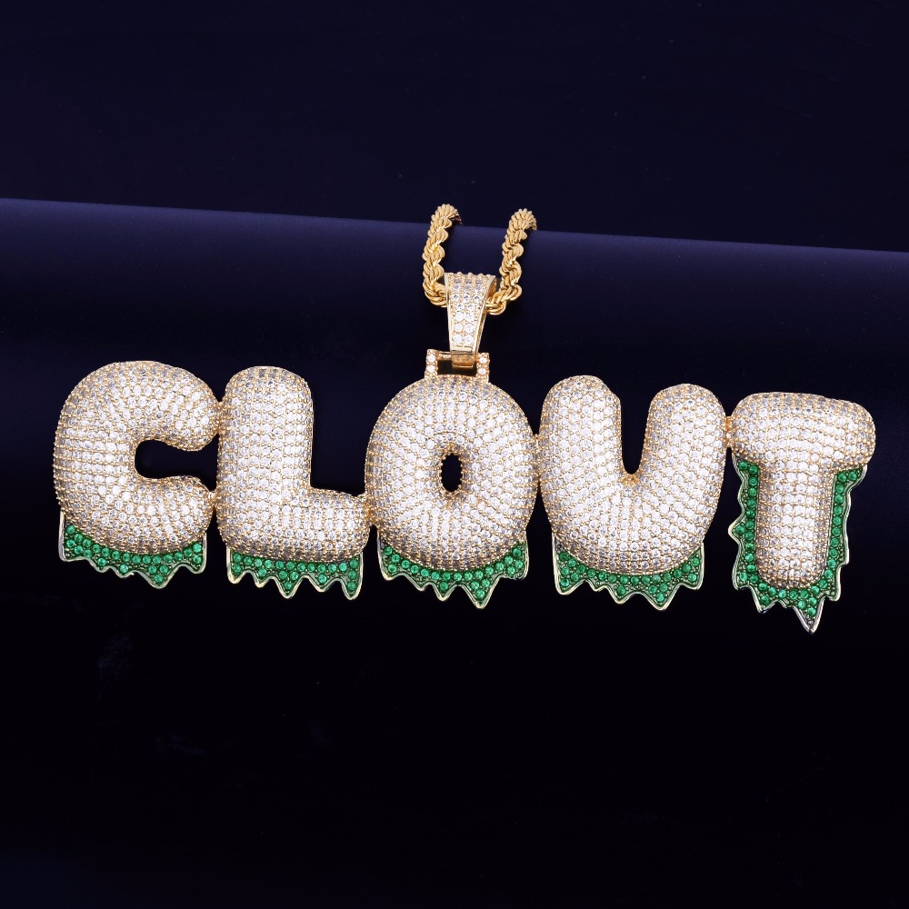 Nom personnalisé pour hommes lettres de bulle goutte à goutte vertes pendentifs colliers glace sur Zircon Hip Hop bijoux avec chaîne de corde en
